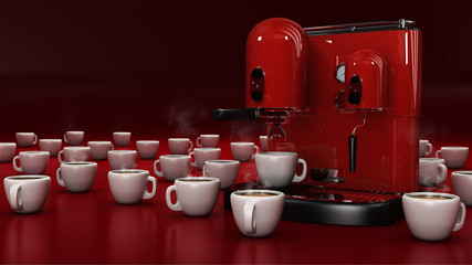 Macchina per caffè rosso con tazze