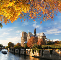 Naklejka premium Notre Dame with boat on Seine in Paris, France