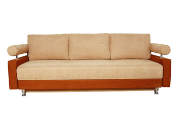 brown sofa with fabric upholstery isolated on white background