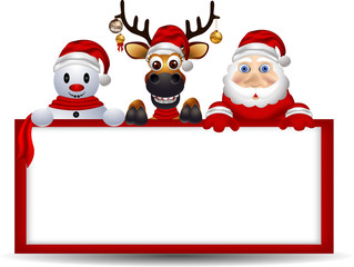 cartoon santa claus ,deer and snowman with blank sign
