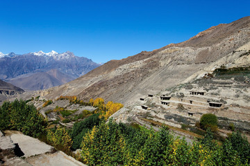 Snow peak mountains with village in front, Nepal