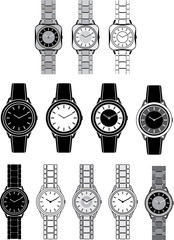 Set of black icons with the image of a female watch