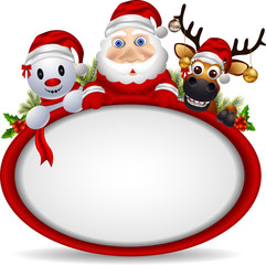 cartoon santa claus ,deer and snowman with blank sign