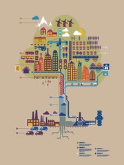 colorful vector city in form of a tree, city info graphic,