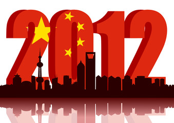 shanghai skyline on 2012 chinese flag background. vector fle