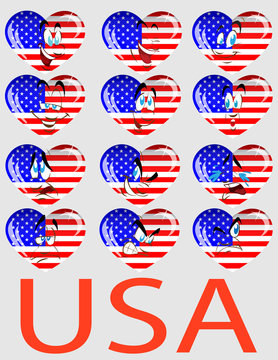 Vector a set of hearts with a flag USA and persons