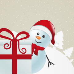 snowman behind gift box white winter landscape