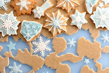 Christmas gingerbread cookies over dough