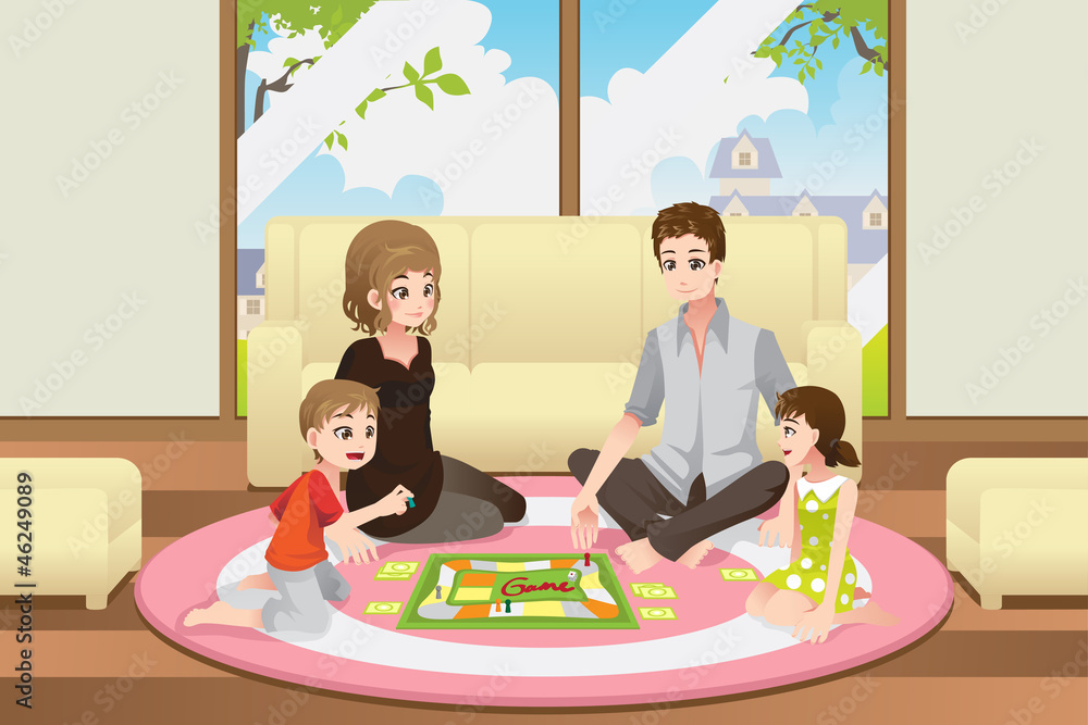 Poster family playing board game