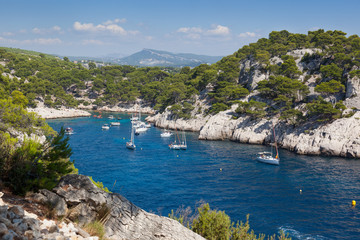 Moored boats in the Calanques of Port Pin in Cassis
