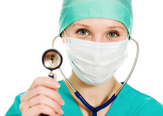 Female surgeon with a stethoscope in hand