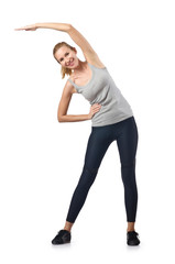 Woman doing exercises on white