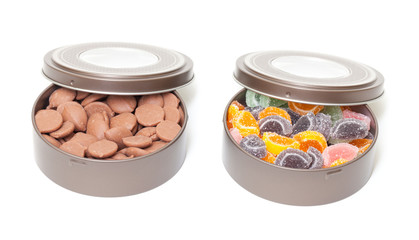 Colorful Jelly and Chocolate Candies in tin cans