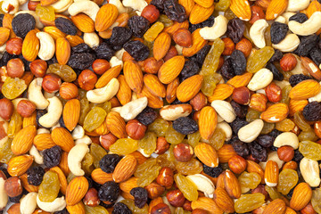 background of mixture of nuts and raisins