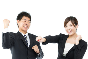Young asian smiling business woman and businessman