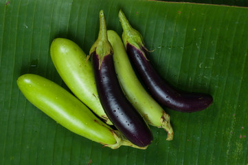 Eggplant or aubergine on a banana leaf