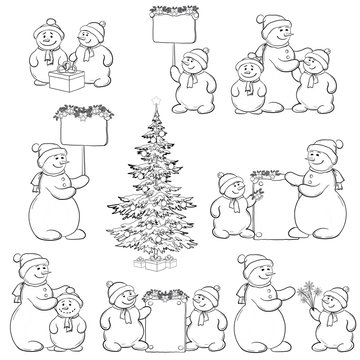 Set snowman and Christmas tree, outline