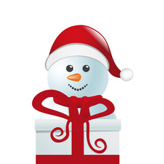 snowman behind gift box white isolated background