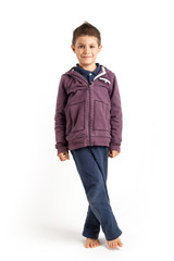 Six year kid, against white background. Full body portrait.