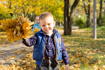 Smiling boy with bunch of autumn leaves