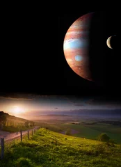 Lichtdoorlatende gordijnen Zomer Countryside sunset landscape with planets in night sky Elements
