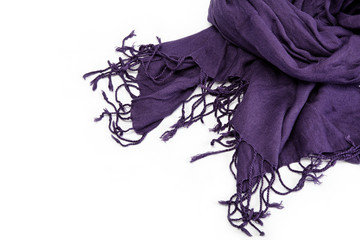 Purple scarf with tassels, isolated on white background.