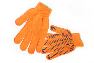 Orange work gloves isolated on white background.