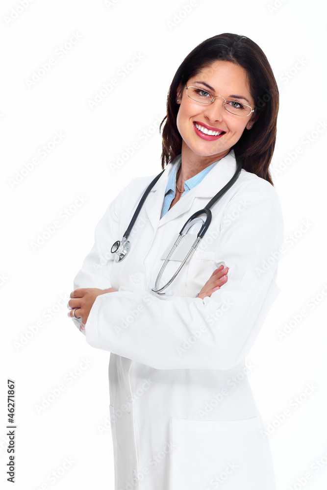 Poster smiling medical doctor woman with stethoscope.