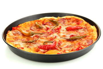 tasty pepperoni pizza in pan isolated on white