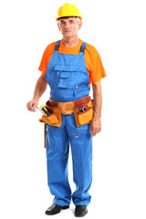 Male builder in yellow helmet isolated on white