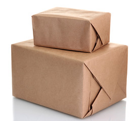 parcels boxes with kraft paper, isolated on white
