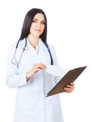 attractive doctor in white coat with folder