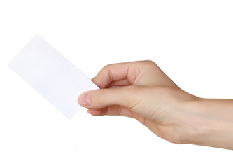 Woman hand holding a blank card isolated on white background