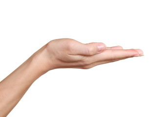 Empty hand showing product isolated on white background