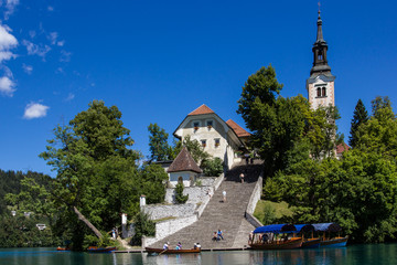 Bled island with its steep staircase, Lake Bled, Slovenia.