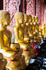 Sitting Buddha in front of wood window