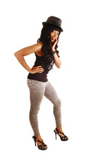 Girl in tights and hat.