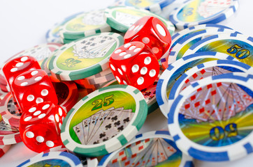 red dice and poker chips