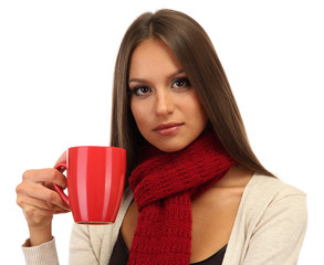 beautiful young woman with cup of tea, isolated on white