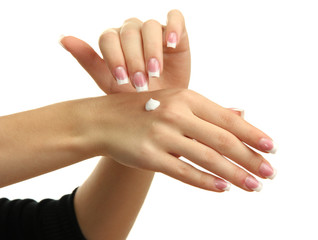 Beautiful woman hands with cream, isolated on white
