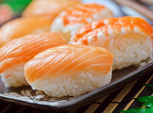 Salmon and shrimp sushi.