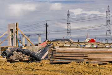 Lumber and building supplies on a commercial construction site