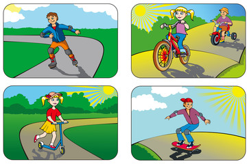 Children riding vehicles and equipment, vector