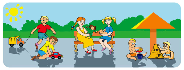Fototapeta premium Kids playing in the park, vector illustration