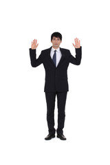 attractive businessman hands up