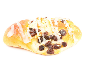 Delicious and creamy bread and butter pudding with raisins on th