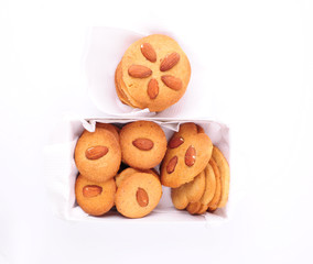 Almond cookies on white background. Christmas baking.
