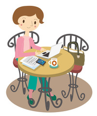 カフェで仕事をする女性のイラスト