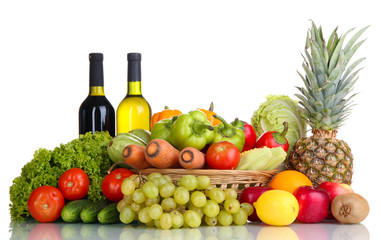 Composition with vegetables and fruits in wicker basket