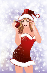Santa girl with red xmas ball. vector illustration